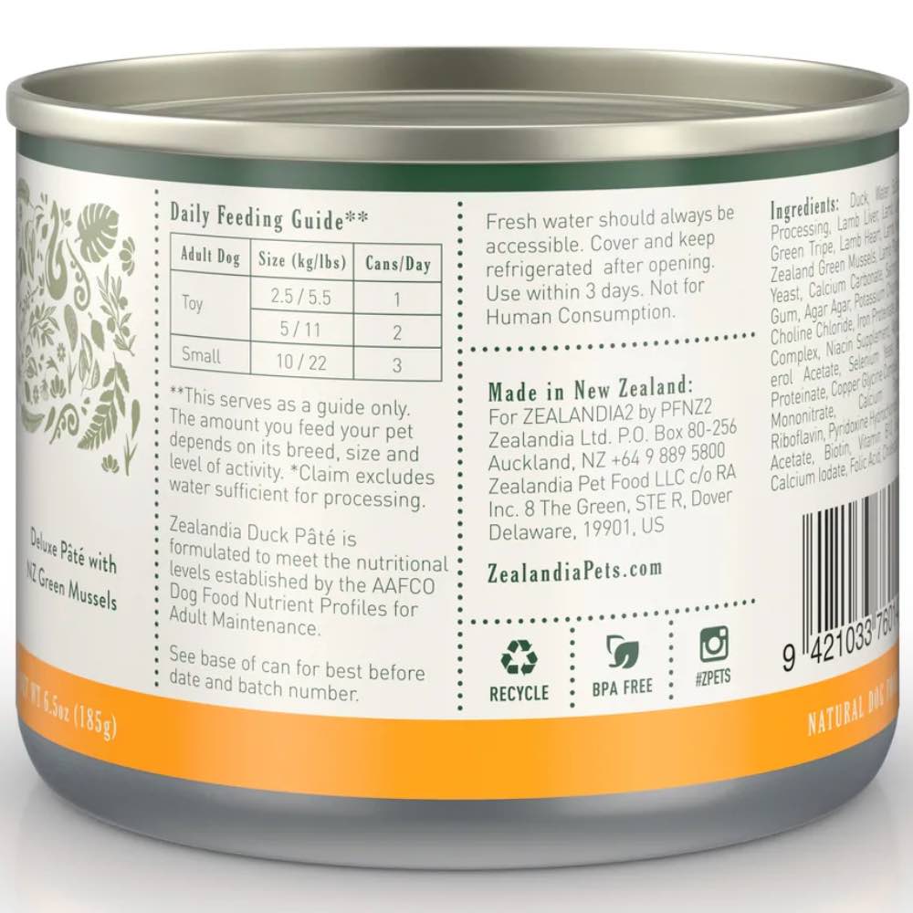 15% OFF: Zealandia Free-Run Duck Pate Grain-Free Adult Canned Dog Food 185g